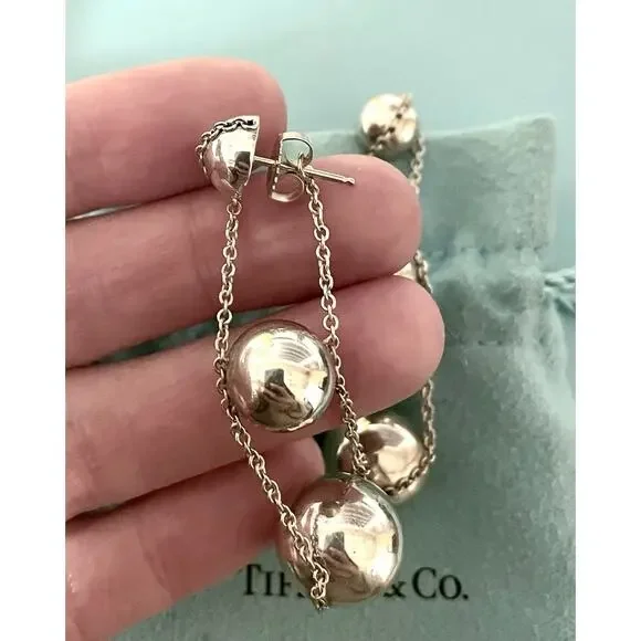 Tiffany & Co Silver Hardware Triple Drop Bead Ball Stud Earrings Butterfly Backs - Picture 4 of 12